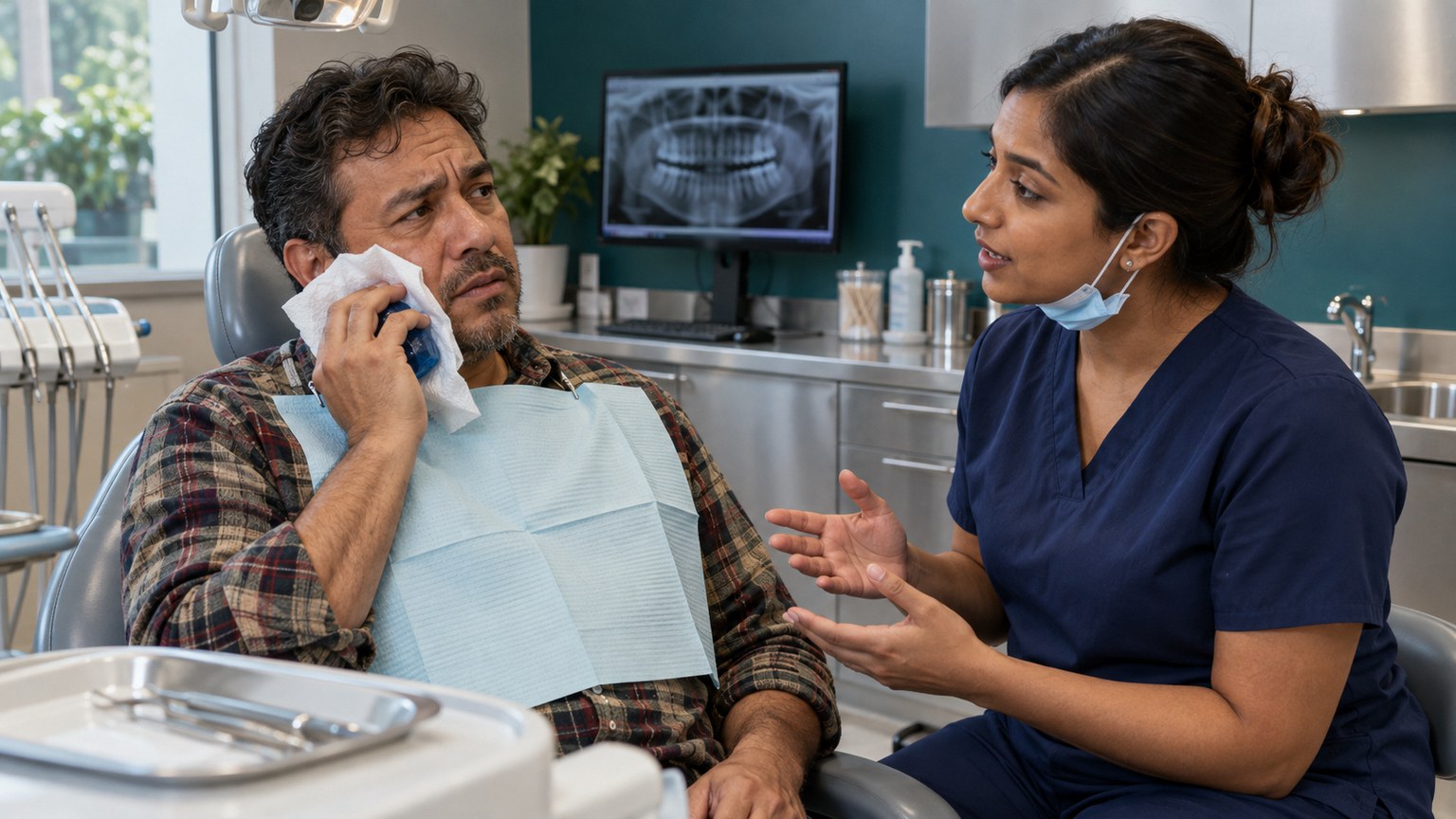 A dentist talking with a patient who holds an ice pack to his cheek