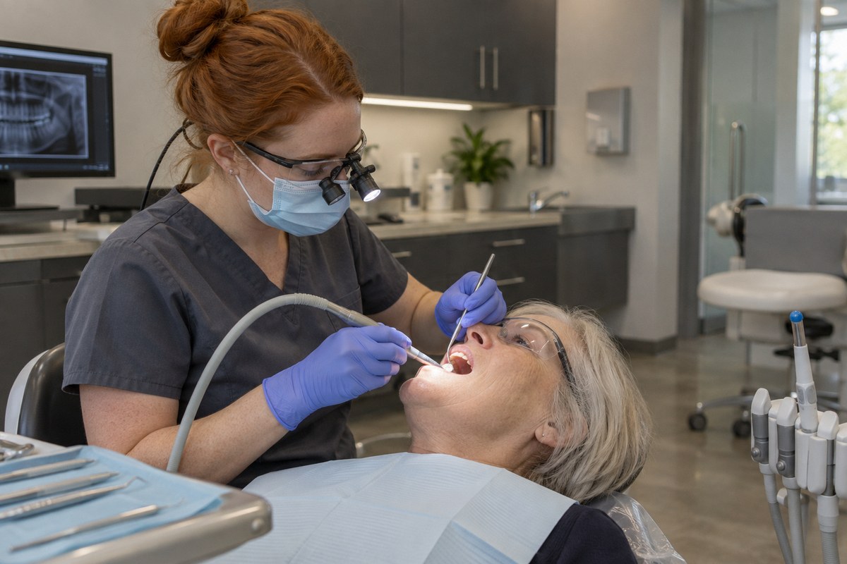 A dentist wearing magnifying loupes with a small headlight switched on, treating a patient