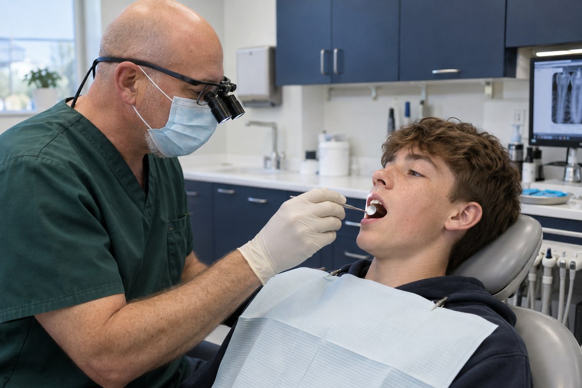 A dentist wearing magnifying loupes examining a teenage patient's teeth with a mouth mirror