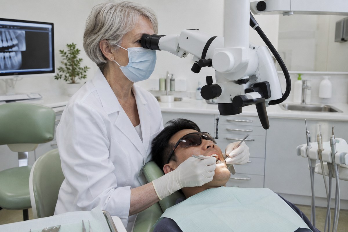 A dentist looking through an operating microscope while treating a reclined patient