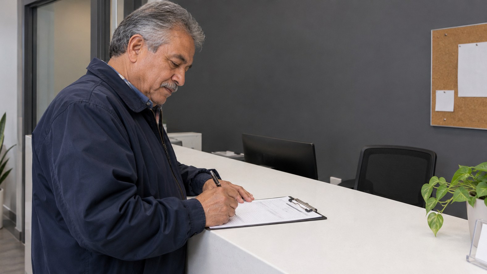A patient filling out a form on a clipboard at a reception counter