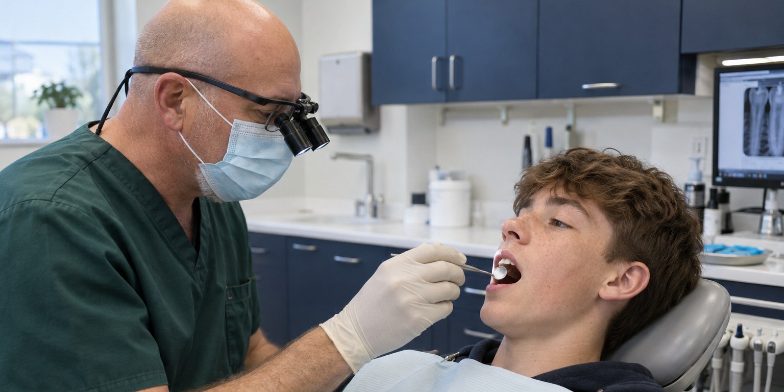 A dentist wearing magnifying loupes examining a teenage patient's teeth with a mouth mirror