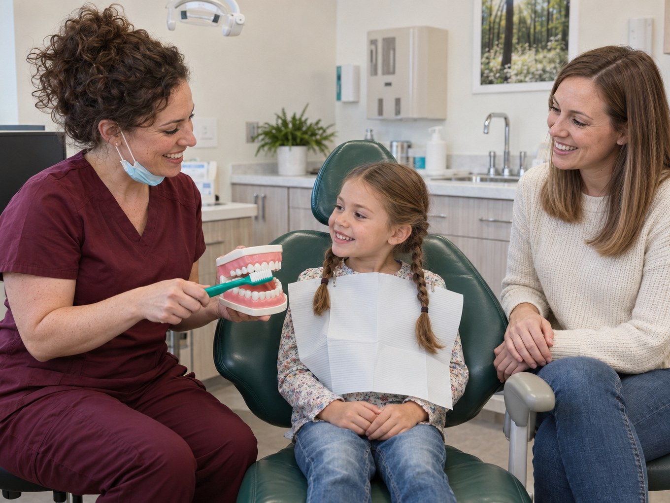 A dentist showing a young girl how to brush on a large model of teeth while her mother watches
