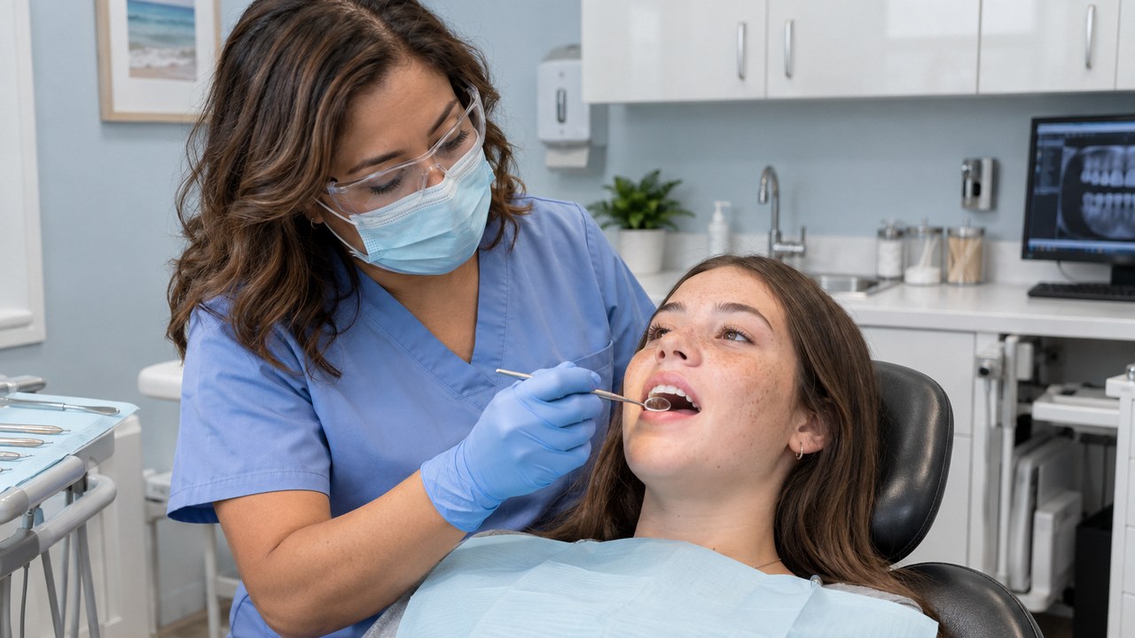 A hygienist examining a teenage patient's teeth with a mouth mirror