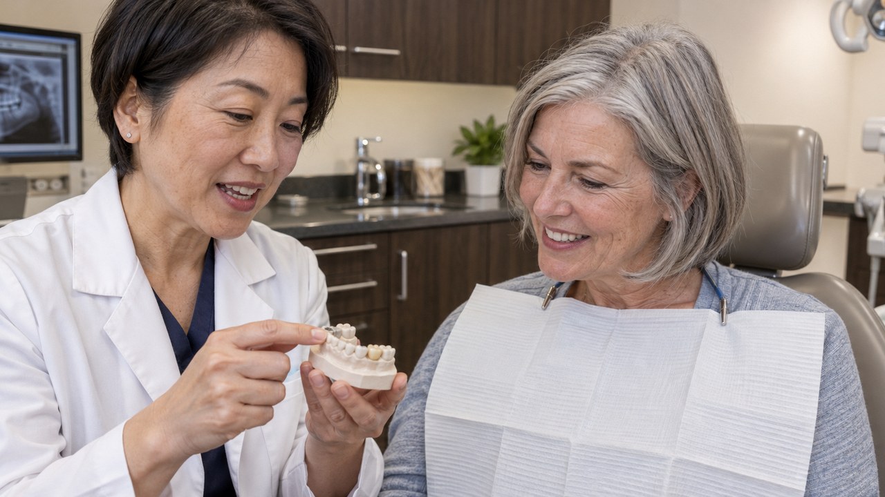 A dentist showing a patient a tooth-colored crown on a model of her teeth