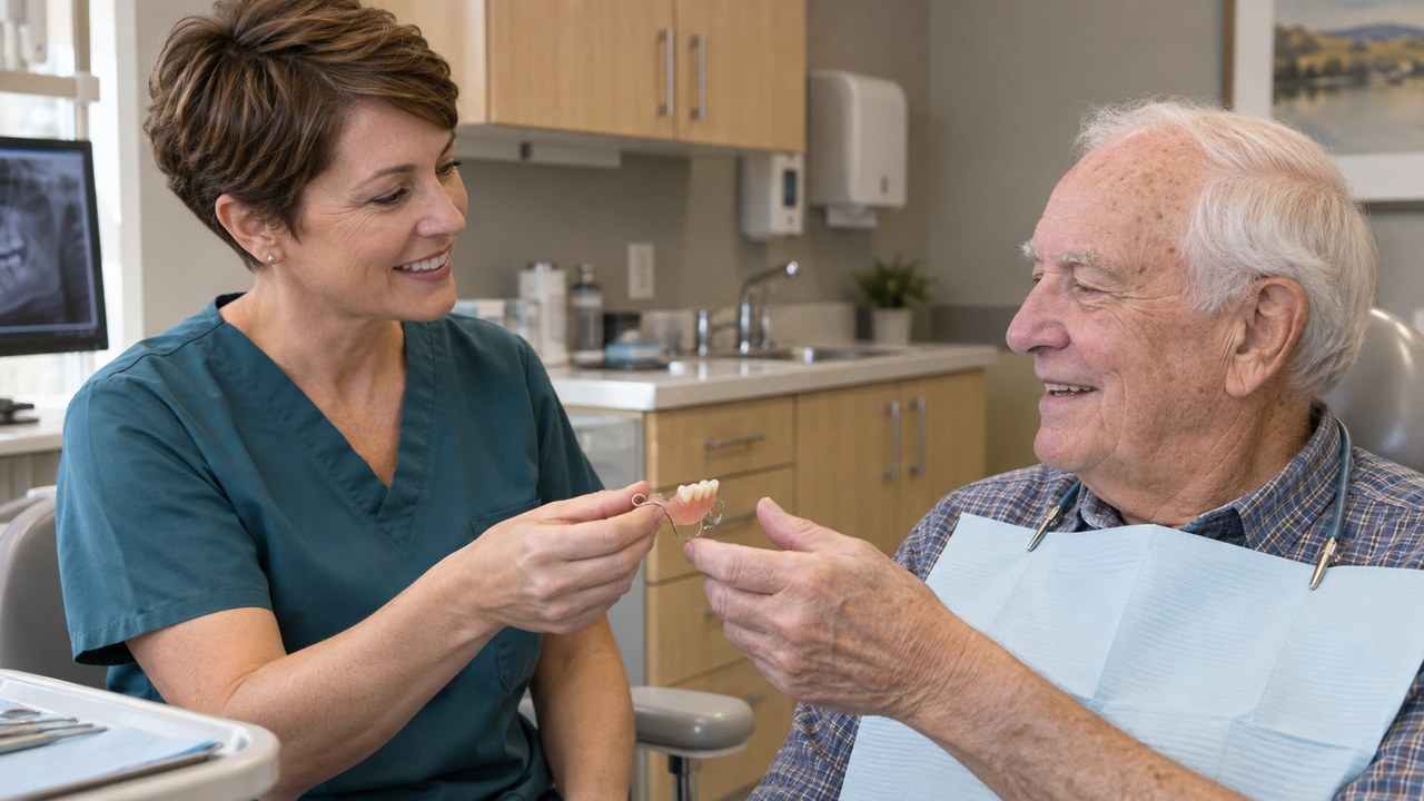 A dentist handing a partial denture to an older patient