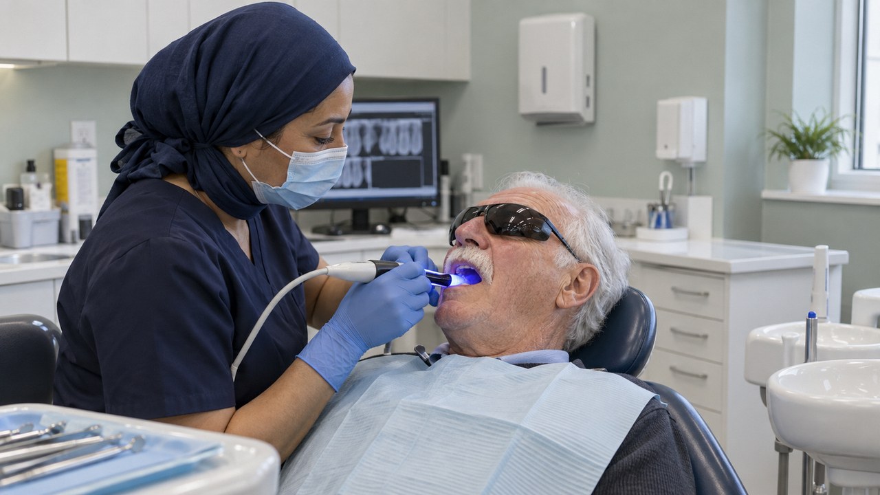 A dentist using a blue curing light on a back tooth of an older patient