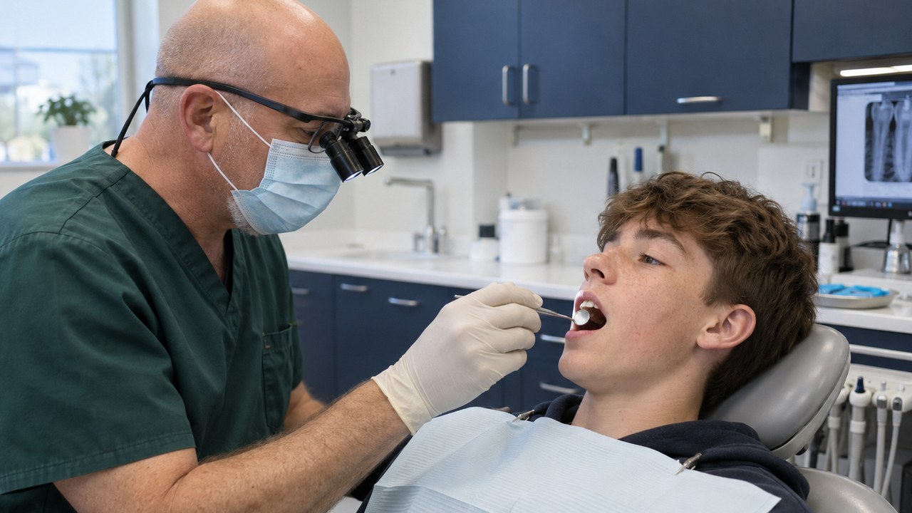 A dentist wearing magnifying loupes examining a teenage patient's teeth with a mouth mirror