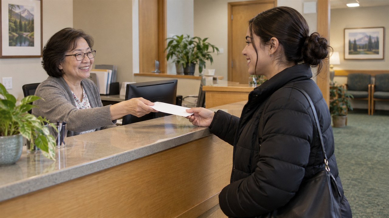 A receptionist handing a patient an envelope across a reception counter