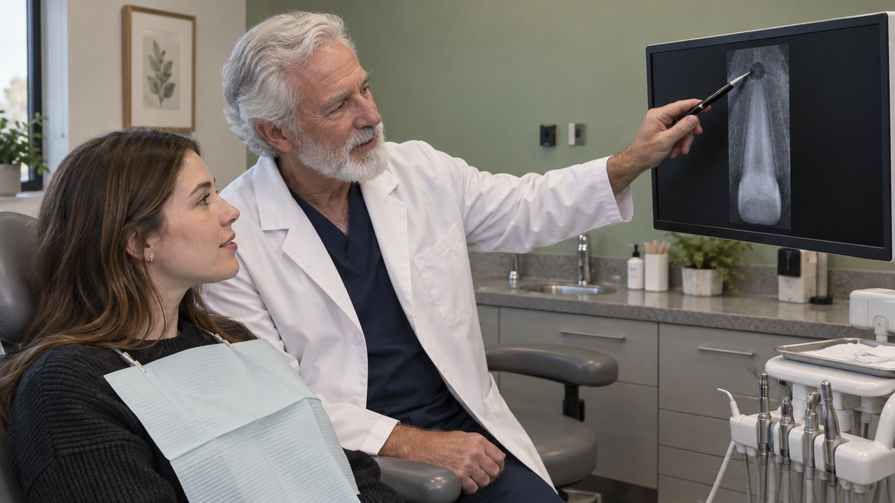 A dentist pointing out a dark spot at the root tip of a front tooth on an X-ray to a patient