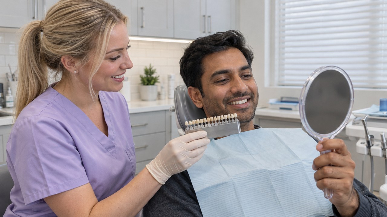 A dental assistant holding a tooth shade guide beside a smiling patient who holds a hand mirror